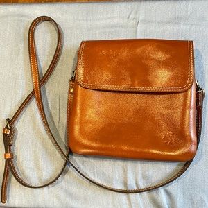 Leather Crossbody purse. PATRICIA NASH brown leather 8”x8” purse 50” strap.